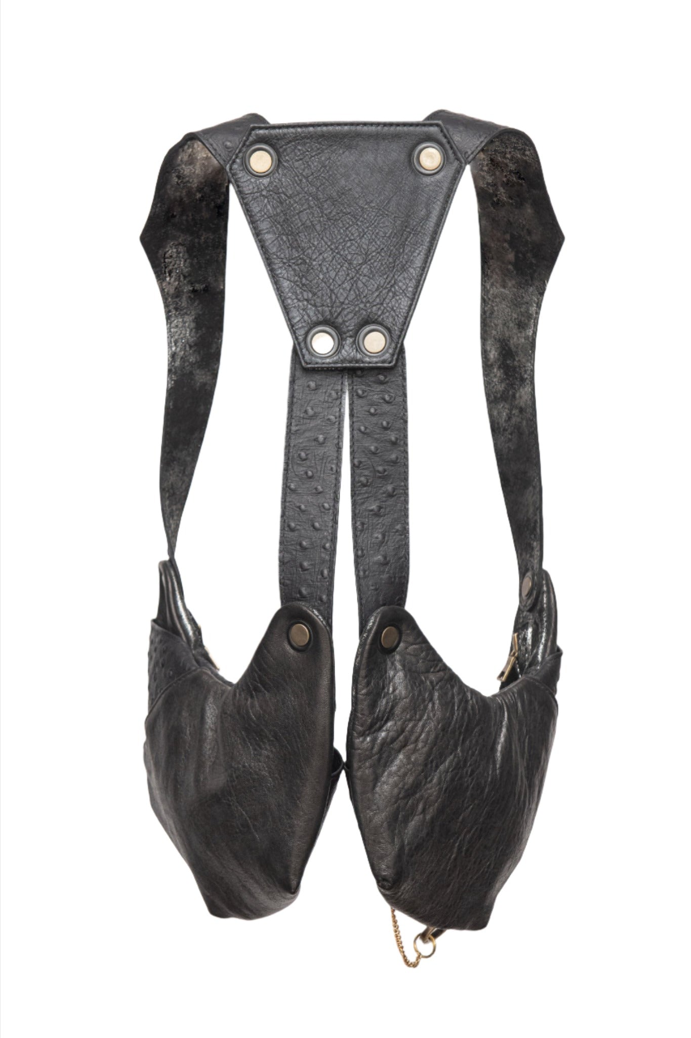 Back of black leather balance bags, double sided shoulder bag holsters, with ostrich straps on exterior and brushed silver on black on interior of straps.